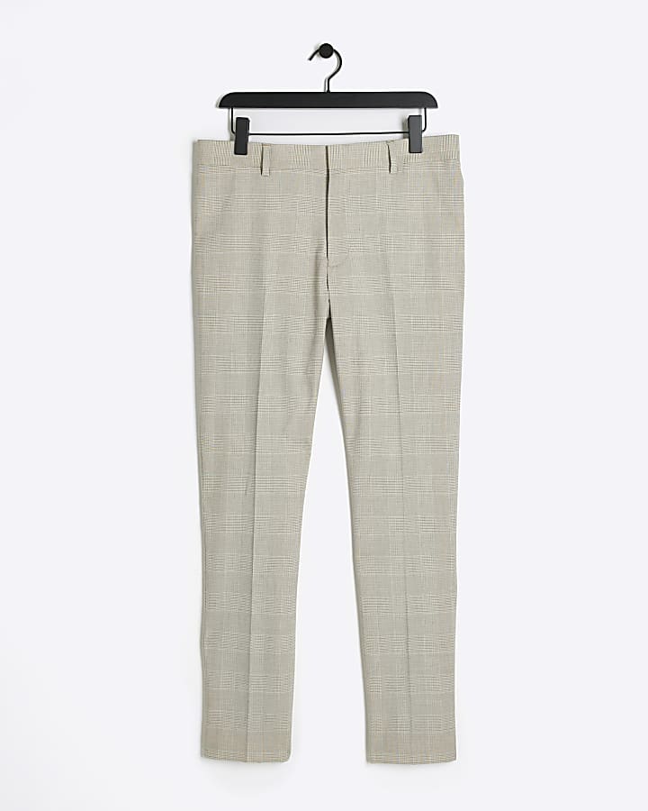Beige slim fit check suit trousers