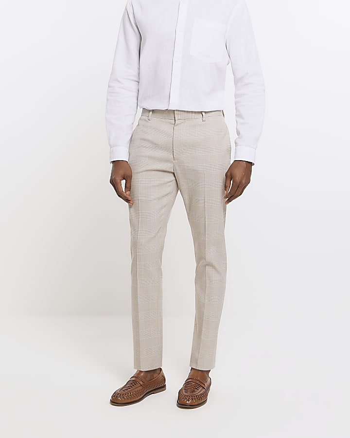 Beige slim fit check suit trousers