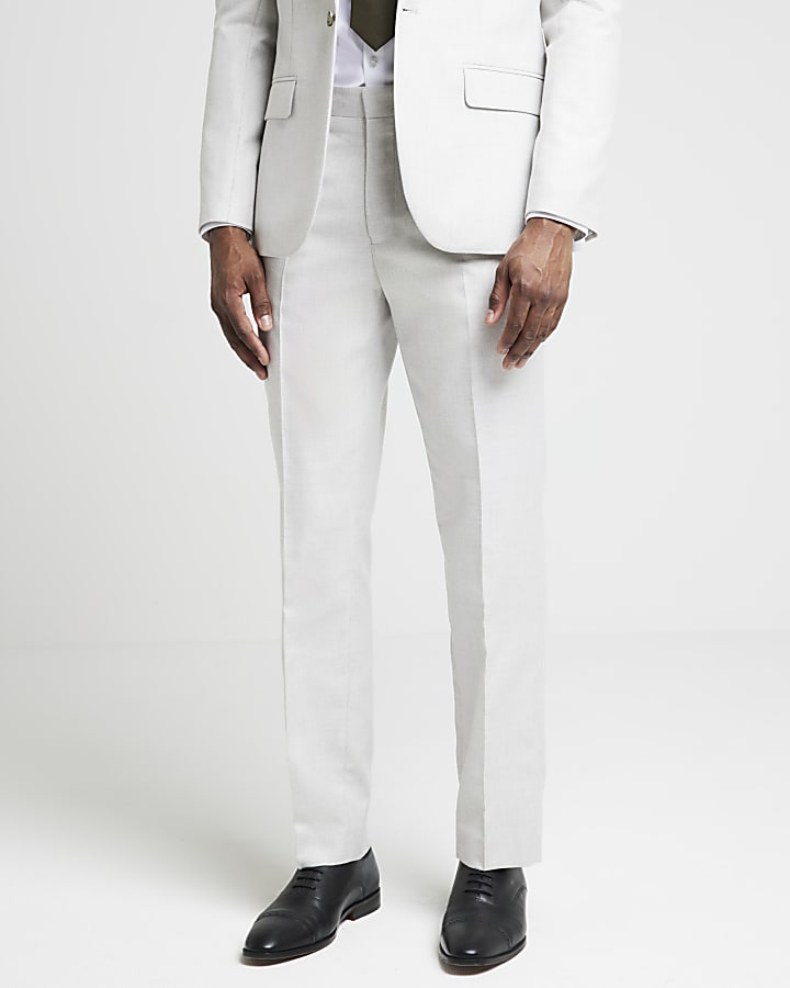 Beige slim fit textured suit trousers