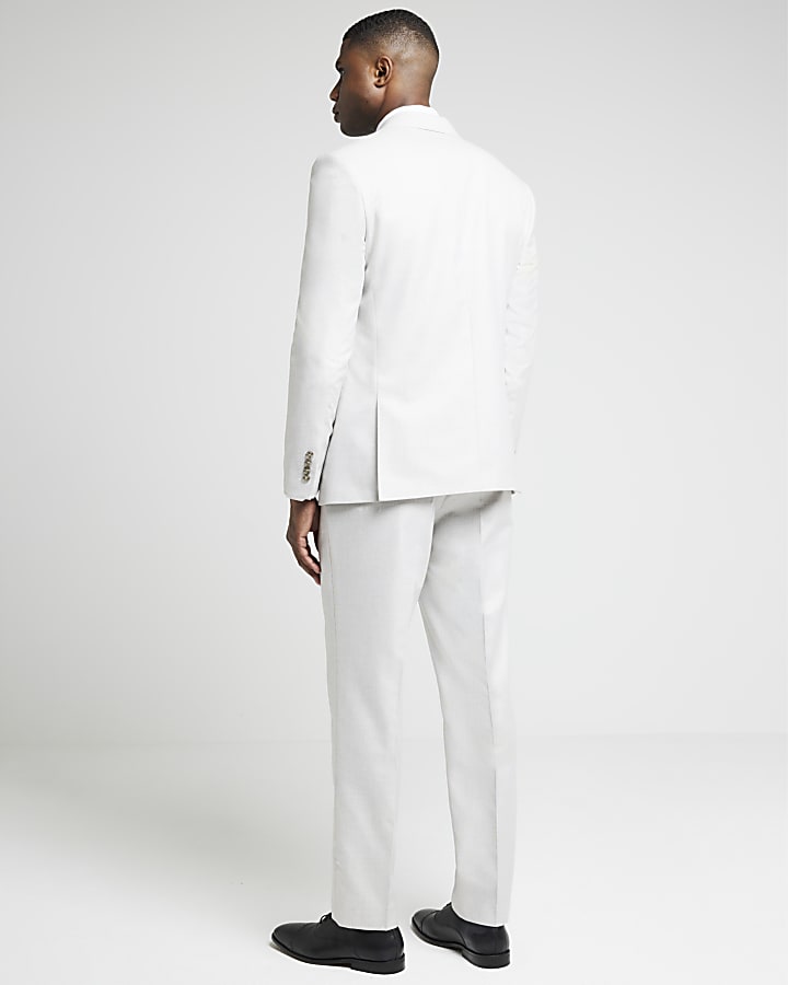 Beige slim fit textured suit trousers