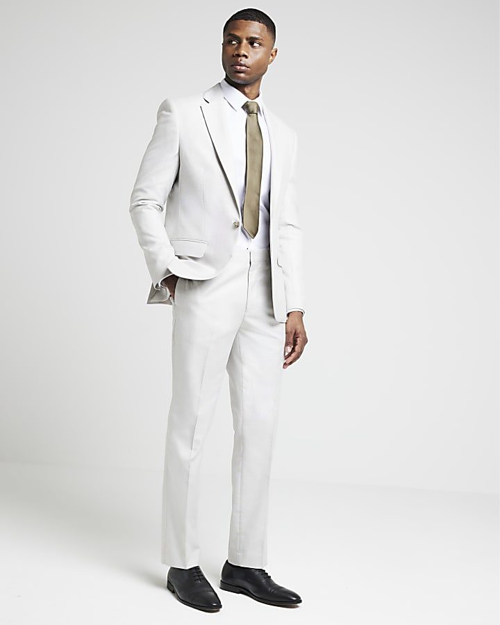 Beige slim fit textured suit trousers