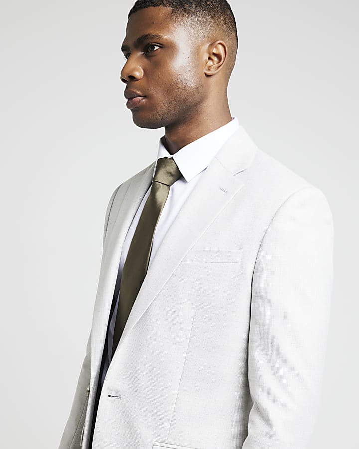 Beige slim fit textured suit jacket
