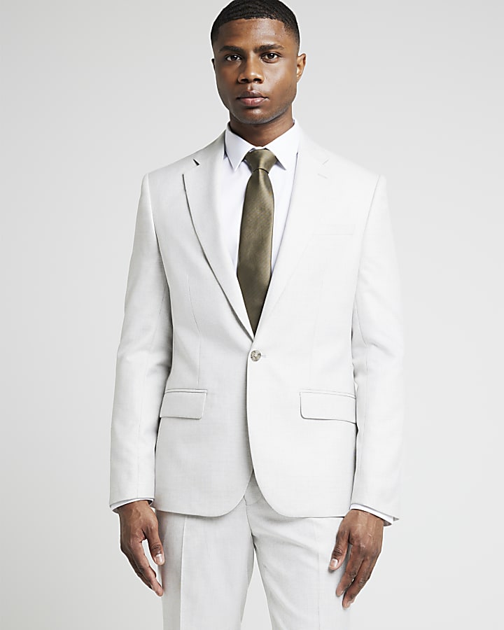 Beige slim fit textured suit jacket