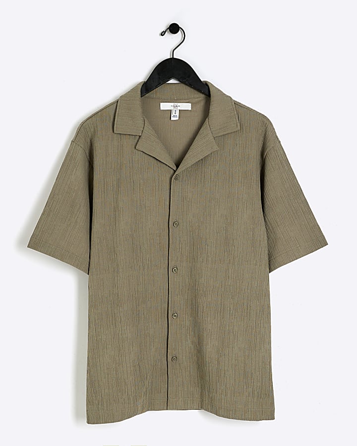 Khaki regular fit plisse revere shirt