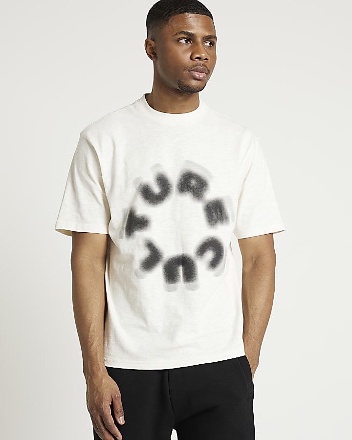 Beige regular fit blurred graphic t-shirt