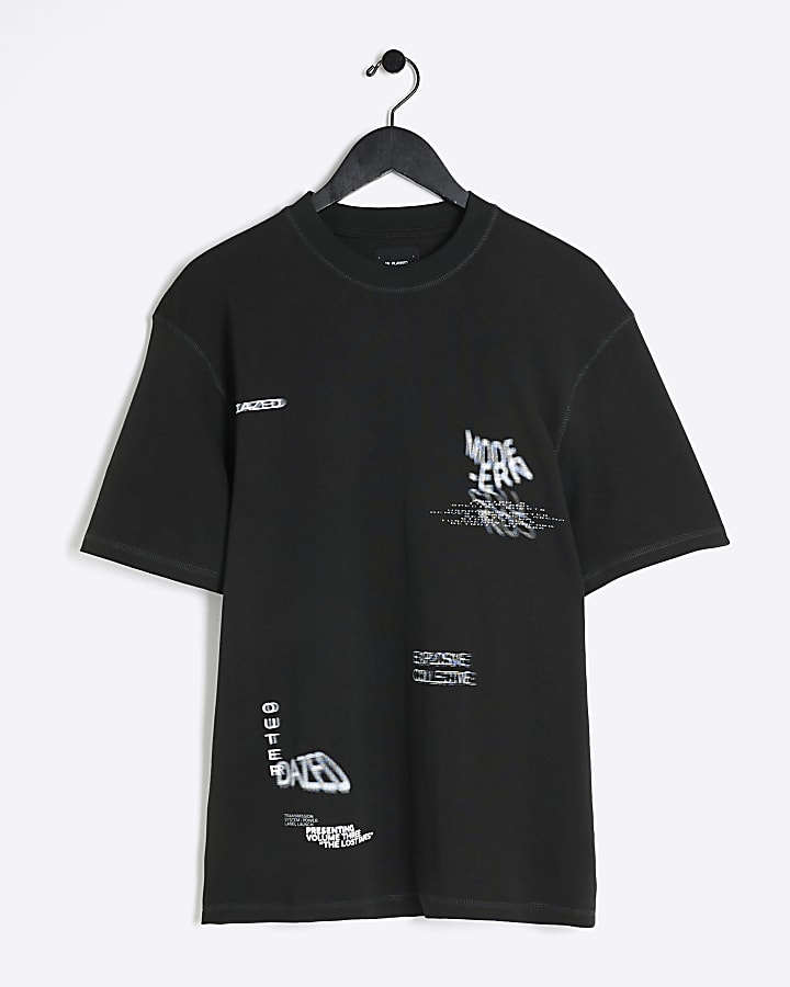 Black regular fit blurred graphic t-shirt