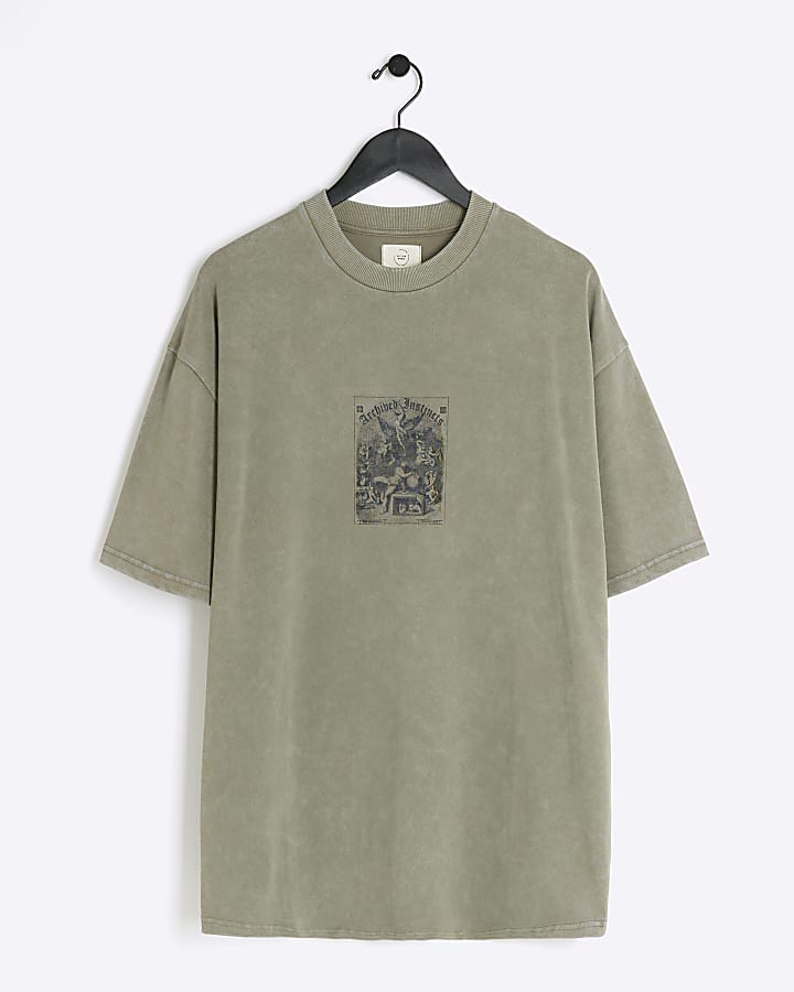 Khaki oversized fit graphic patch t-shirt