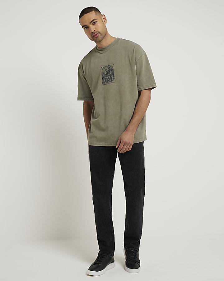 Khaki oversized fit graphic patch t-shirt