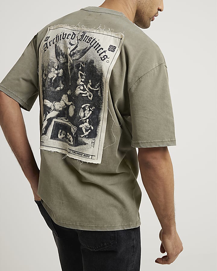 Khaki oversized fit graphic patch t-shirt