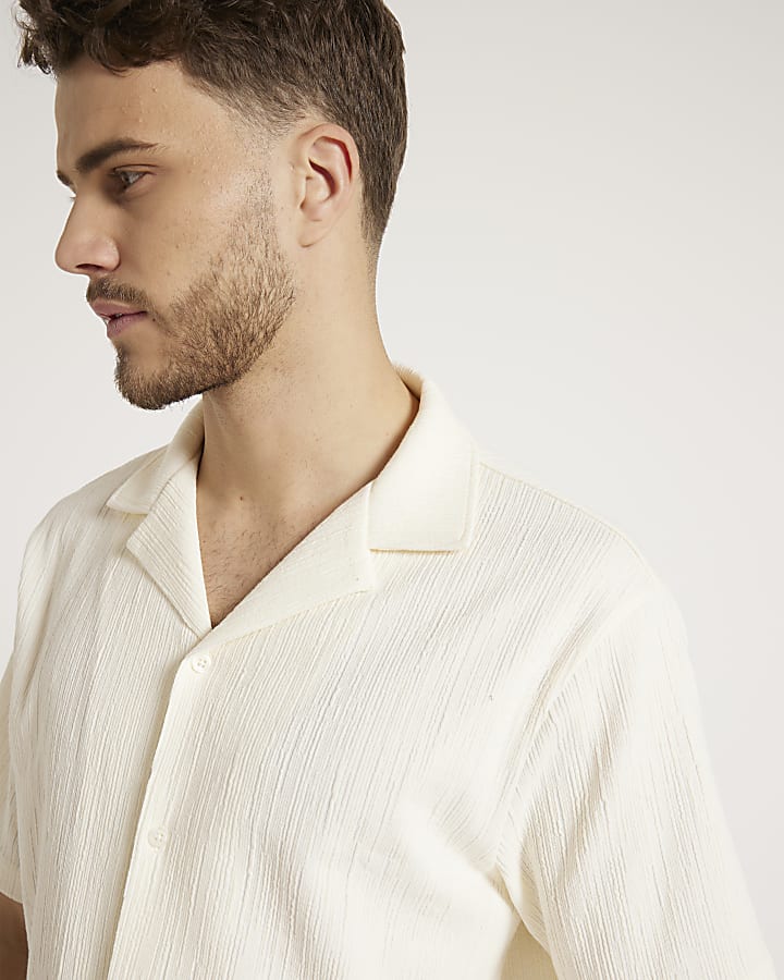 Beige regular fit revere plisse shirt