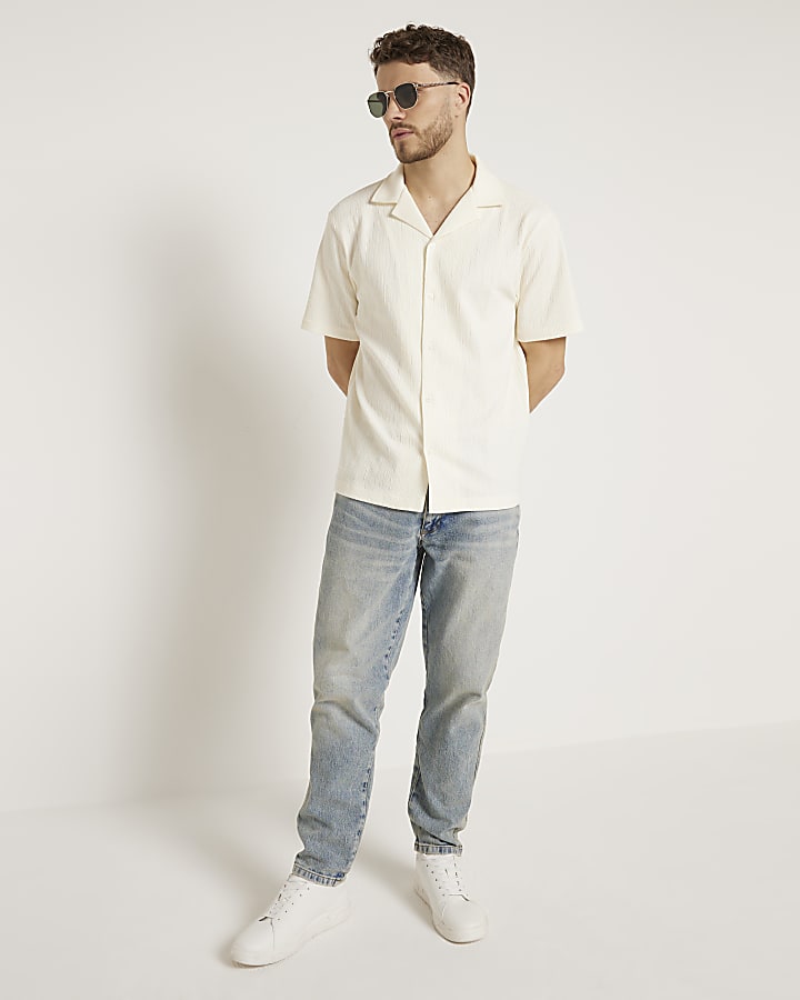 Beige regular fit revere plisse shirt