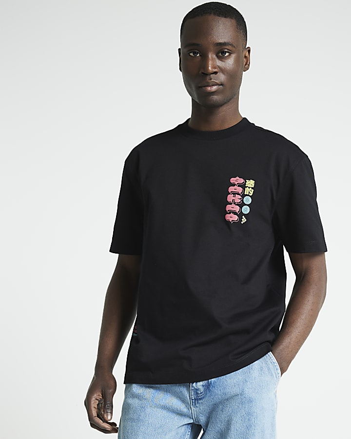 Black regular fit embroidered crane t-shirt