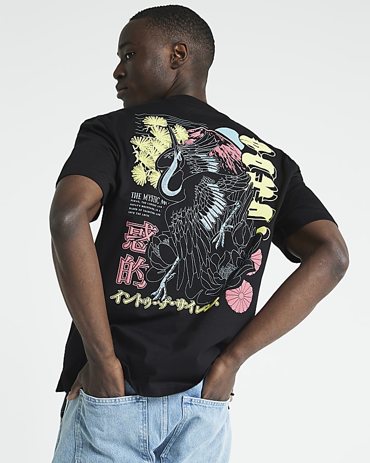 Black regular fit embroidered crane t-shirt