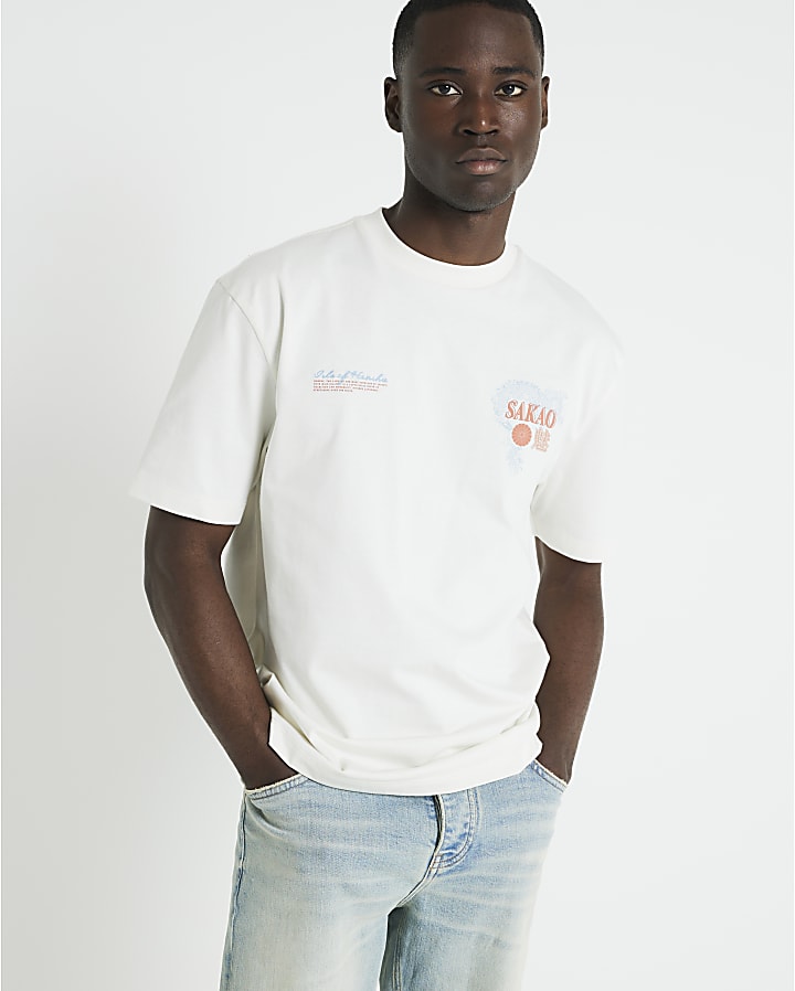 White regular fit embroidered graphic t-shirt