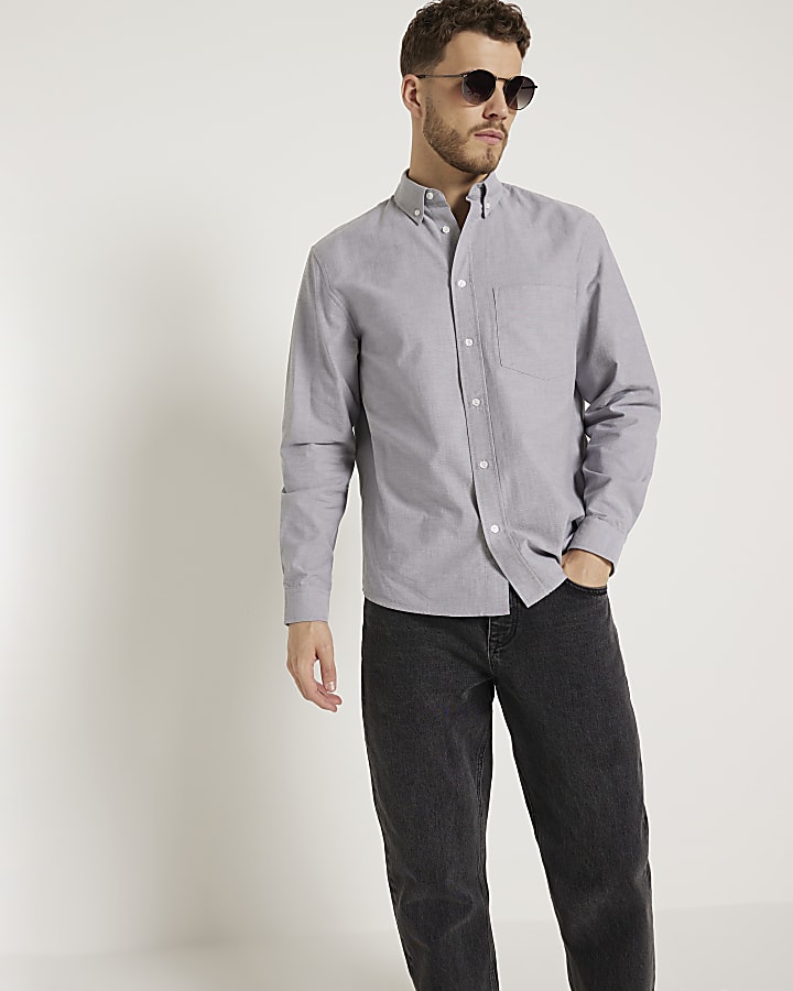 Grey regular fit long sleeve oxford shirt