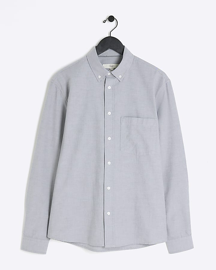 Grey regular fit long sleeve oxford shirt