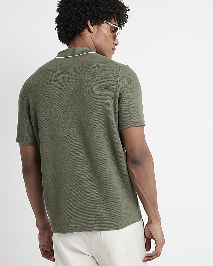 Khaki slim fit textured polo t-shirt