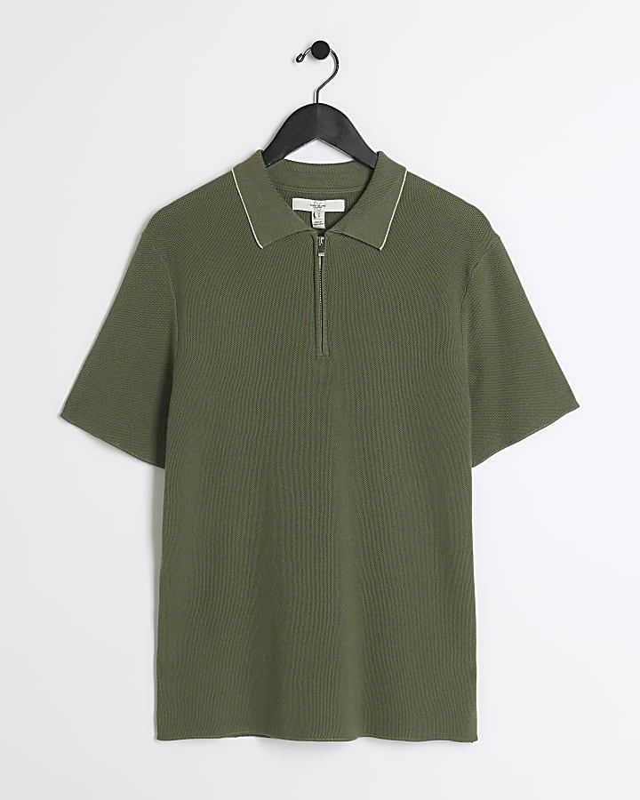 Khaki slim fit textured polo t-shirt