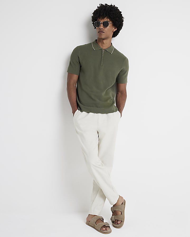 Khaki slim fit textured polo t-shirt