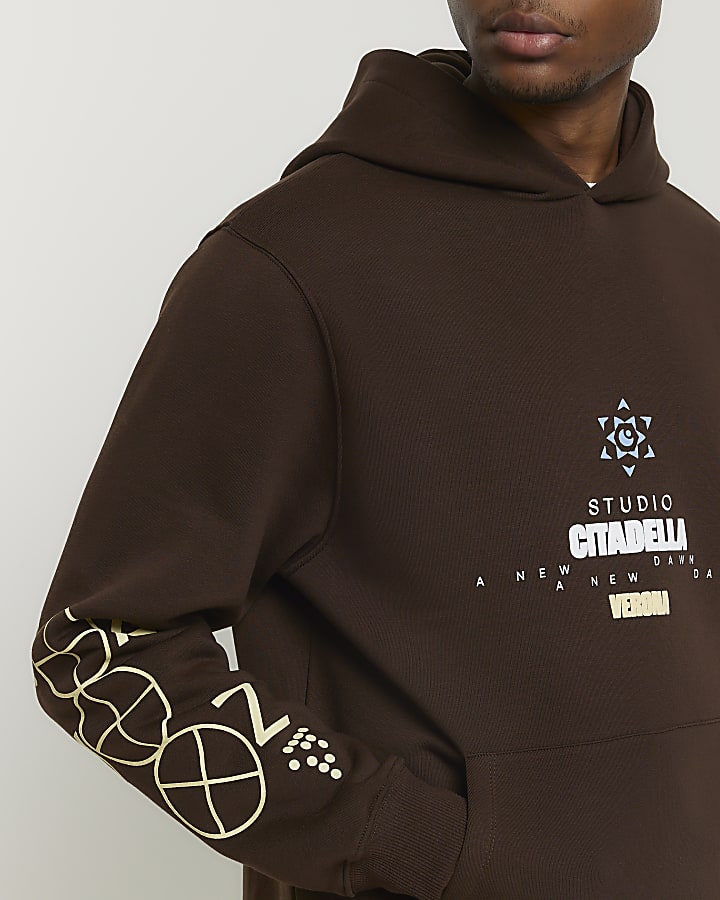 Brown regular fit graphic fit hoodie