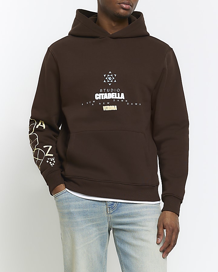 Brown regular fit graphic fit hoodie