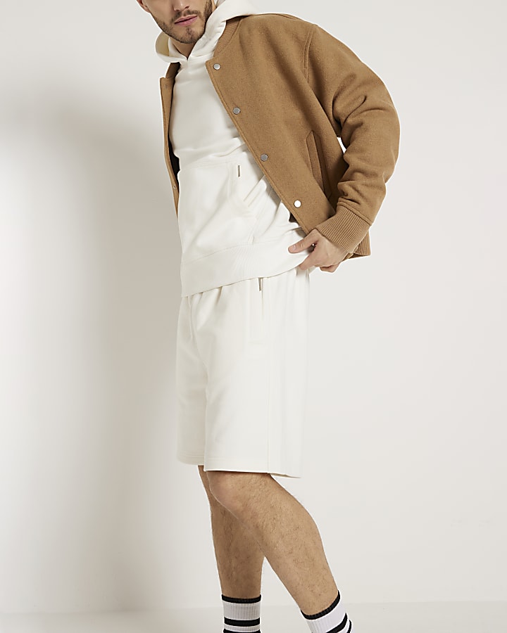 Beige regular fit loopback shorts