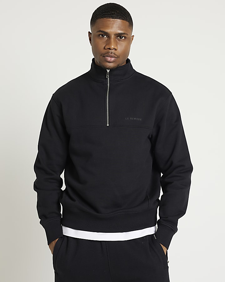 Black regular fit half zip funnel sweatshirt