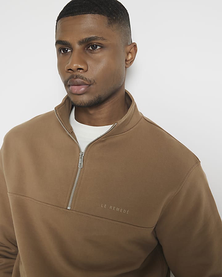 Brown regular fit loopback funnel sweatshirt