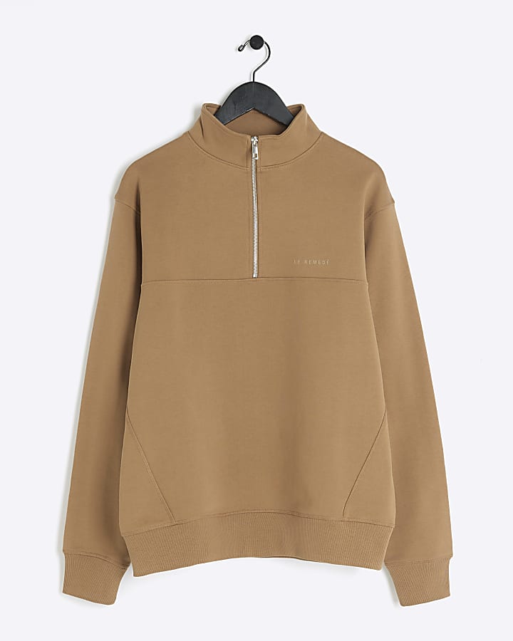 Brown regular fit loopback funnel sweatshirt