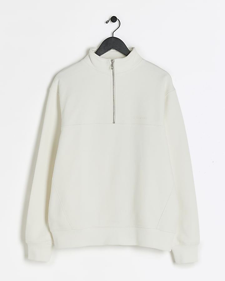 Beige regular fit half zip funnel sweatshirt