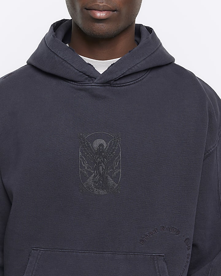 Washed black regular gothic graphic hoodie