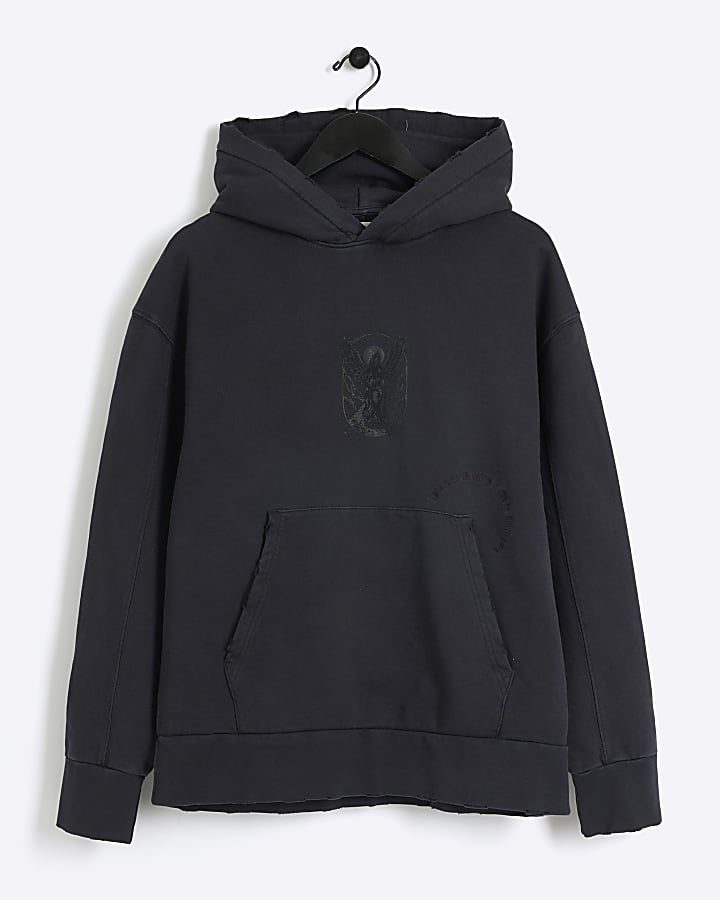 Washed black regular gothic graphic hoodie