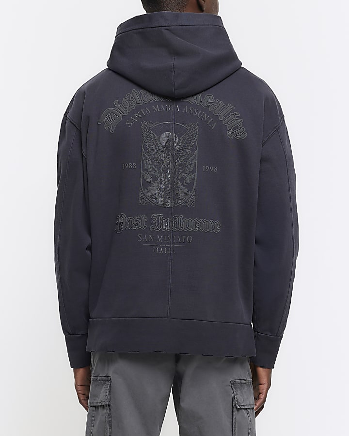 Washed black regular gothic graphic hoodie