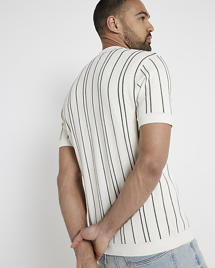 Beige slim fit knit stripe half zip polo