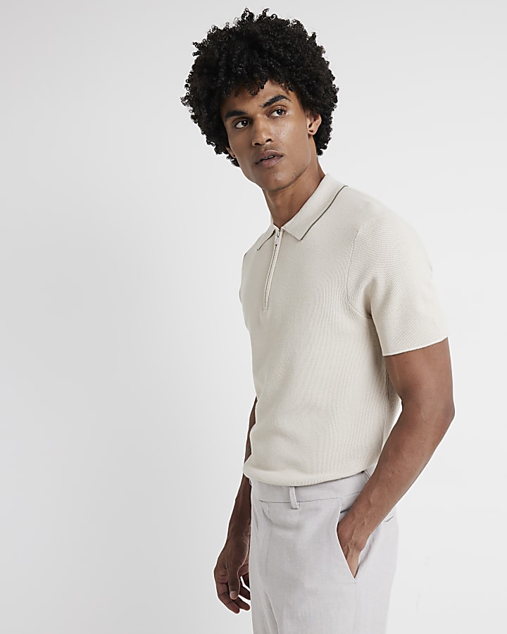 Stone slim fit textured polo t-shirt