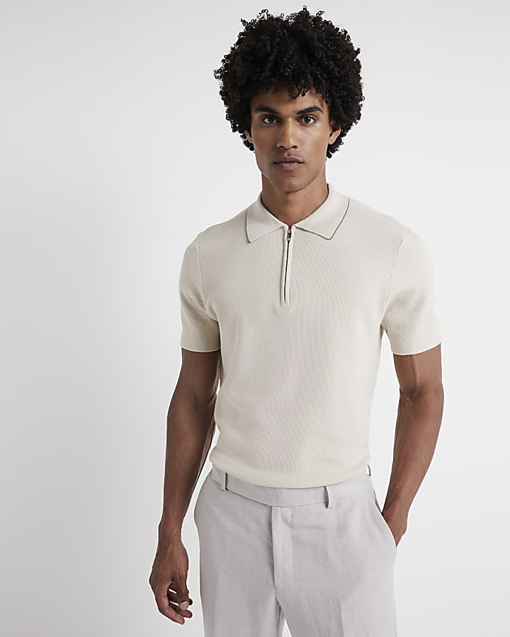 Stone slim fit textured polo t-shirt