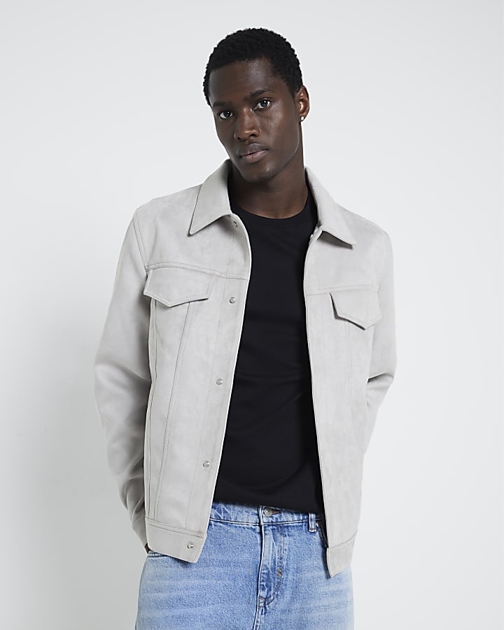 Grey Regular fit Suedette Jacket