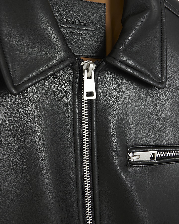 Black regular faux leather zip bomber jacket