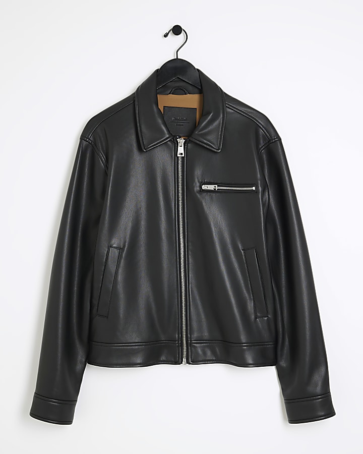 Black regular faux leather zip bomber jacket