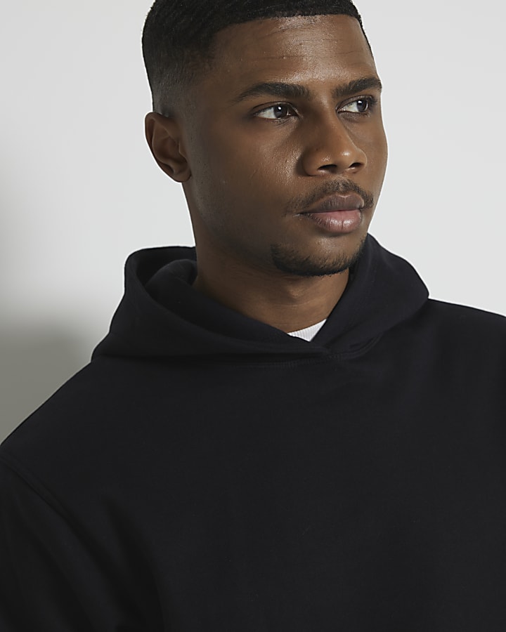 Black regular fit loopback hoodie