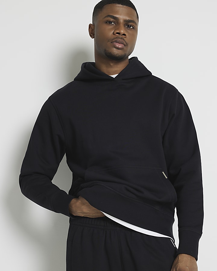 Black regular fit loopback hoodie