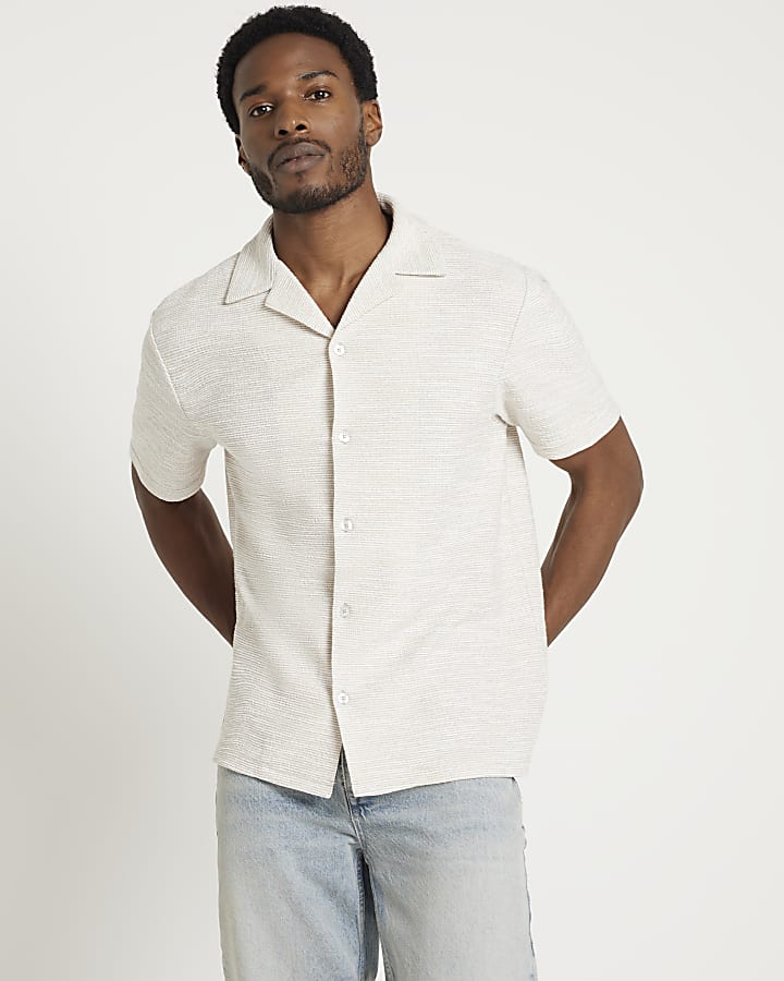 Stone regular fit textured revere shirt