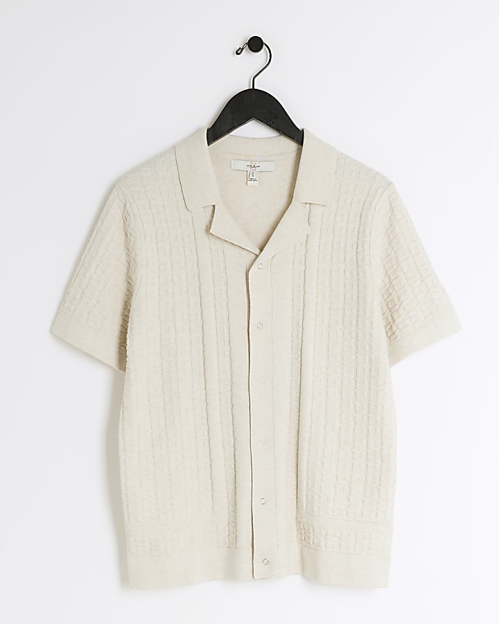 Beige slim fit revere knitted shirt