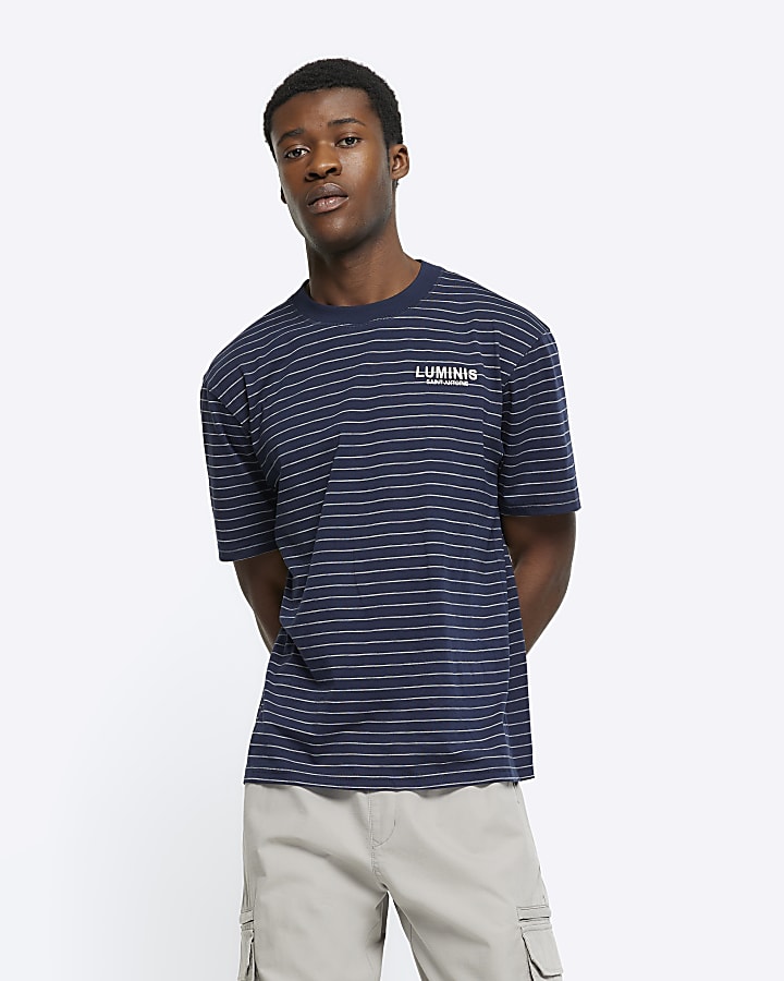 Navy regular fit stripe graphic t-shirt