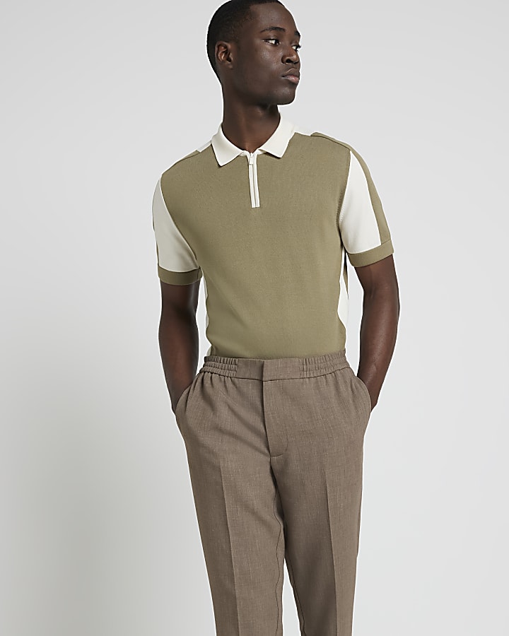 Khaki slim fit colour block knit polo