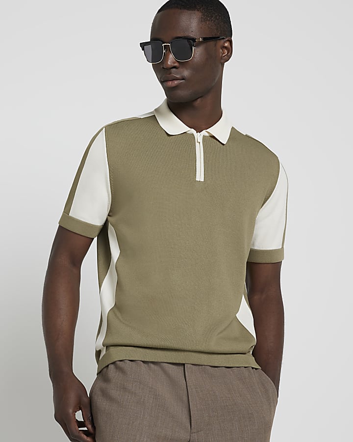 Khaki slim fit colour block knit polo