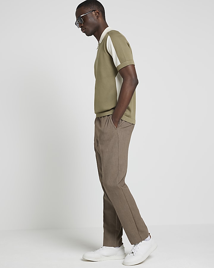 Khaki slim fit colour block knit polo