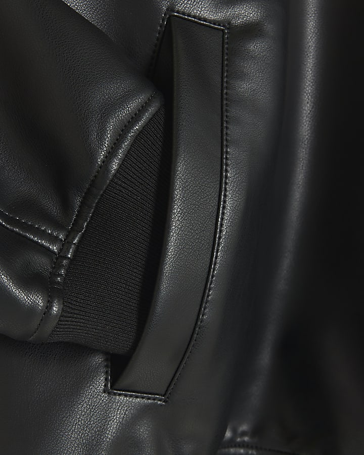 Black regular fit faux leather bomber jacket