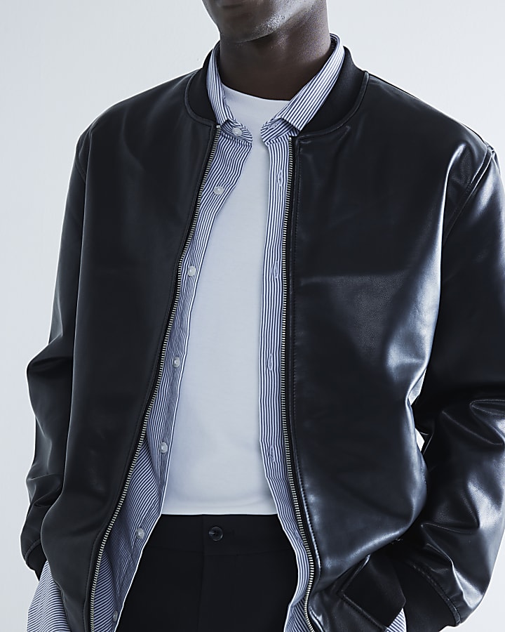 Black regular fit faux leather bomber jacket