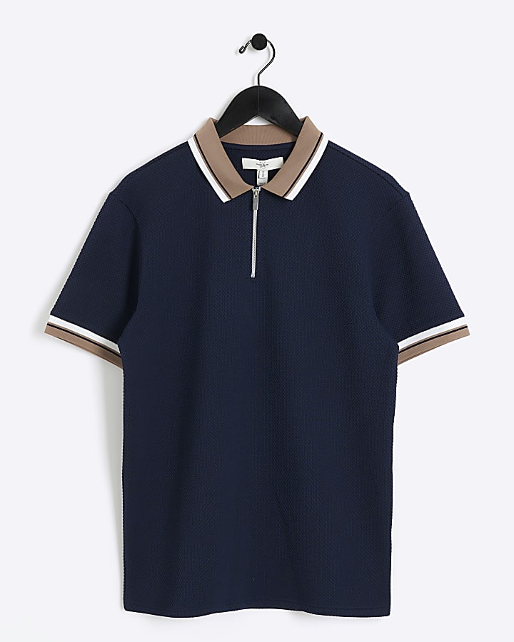 Navy regular fit textured taped polo